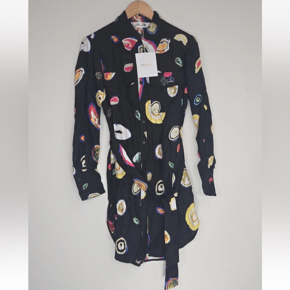 Diane Von Furstenberg Peyton Silk Jacquard Tunic "Tossed Agate Black" Small NEW